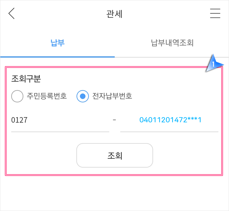 전자납부번호 입력 조회 화면
